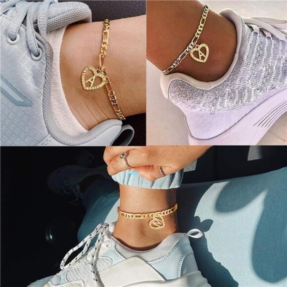 Gold Initial Pendant Necklace Anklet Bracelet for Women 14K Gold Plated Figaro - Picture 3 of 8